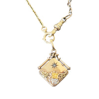 Antique mixed gold watch chain necklace with diamond starburst locket
