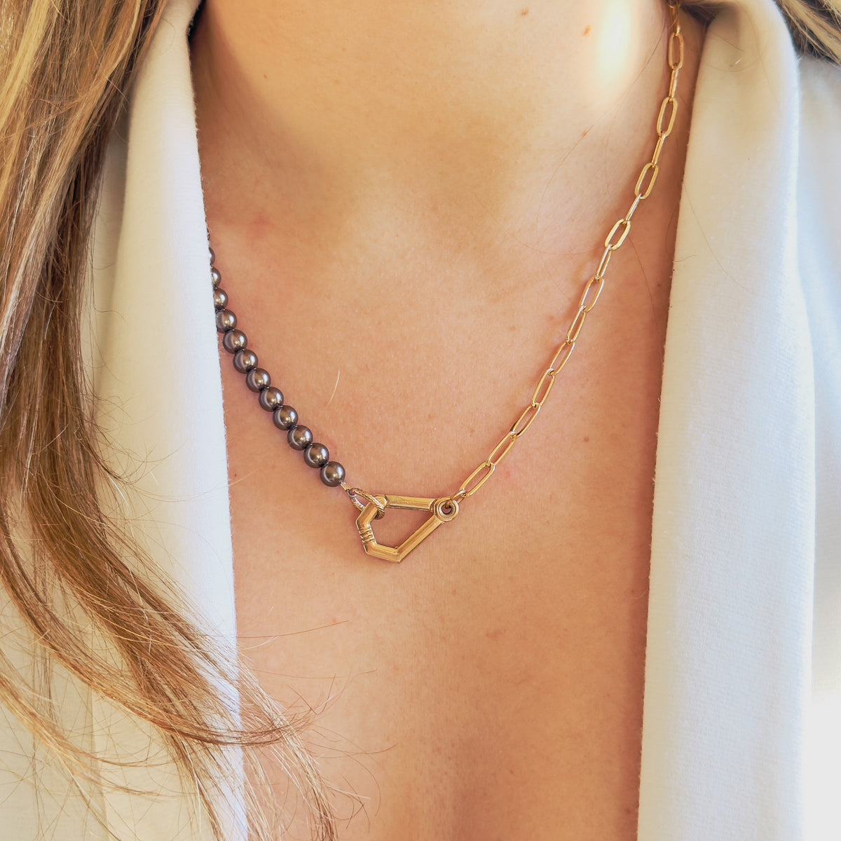 Swarovski Pearl and Paperclip Necklace with Vintage Kreisler Clasp
