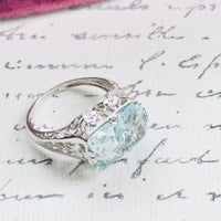 Art Deco Double Aquamarine Ring | 14k White Gold Filigree Setting