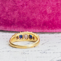 Edwardian 18k gold five-stone ring with diamonds and sapphires from Birmingham 1907