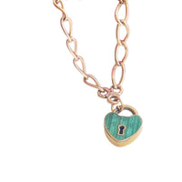 Vintage green enamel heart padlock necklace on 17-inch gold-filled watch chain with dog clip closure – hipV antique jewelry