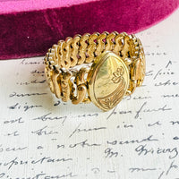 Overhead shot of American Queen bracelet resting in a velvet jewelry box.