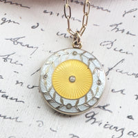 Guilloché Enamel Sunburst Locket Necklace on 14k Gold Paperclip Chain, 18”