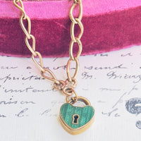 Vintage gold-filled chain necklace with green enamel heart padlock charm, 17 inches, from hipV