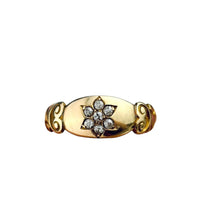 Antique Victorian 18k yellow gold diamond flower cluster ring with scroll shoulders, c.1897 Birmingham hallmark, hipV Vintage