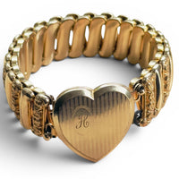 Antique gold-filled locket bracelet signed LACO with brushed heart face and script monogram, wearable estate keepsake