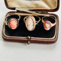 Side view showing slim split shoulders on 14k gold coral cameo ring