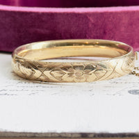 Floral Engraved Gold-Filled Hinged Bangle Bracelet