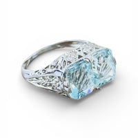 Art Deco Double Aquamarine Ring | 14k White Gold Filigree Setting