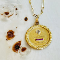 French 18k gold love token necklace with romantic inscription and gemstones