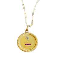 French Augis 18k gold love token necklace with laurel wreath border on paperclip chain