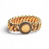 Gold filled vintage sweetheart expansion bracelet with clear paste stone halo, milgrain bezel settings, and smooth unengraved disc center