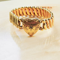 Mid-century Marathon signed gold-filled expansion bracelet with domed heart center and diamond starburst detail