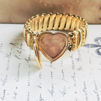 One of a kind vintage gold locket bracelet with H monogram heart center, ornate floral scroll band, estate condition, hipV