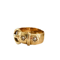 Original 1916 English 18K gold buckle ring featuring two old European cut diamonds in star settings, fully hallmarked antique ring.
