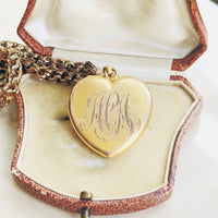 Reverse of 10k gold Victorian heart locket showing original monogram engraving, antique gold locket back detail, hipV Modern Vintage Jewelry