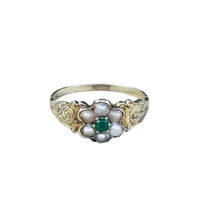Victorian 14k gold seed pearl and emerald cluster ring with hand-engraved shoulders, size 8, hipV Vintage
