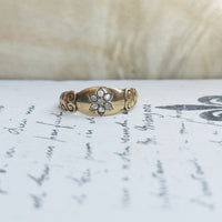 Victorian gold ring with hand-engraved scroll shoulders and diamond cluster face, one of a kind antique ring