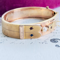 Victorian hinged gold bracelet featuring mixed yellow and rose gold tones