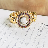 Vintage gold-filled cameo bracelet with red stone halo by American Queen