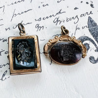 Intaglio Sapphire Locket • Antique Victorian Gold Filled Locket with Obsidian Intaglio of a Classical Warrior