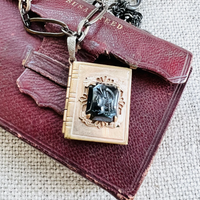 Vintage Black Cameo Intaglio Book Locket Necklace