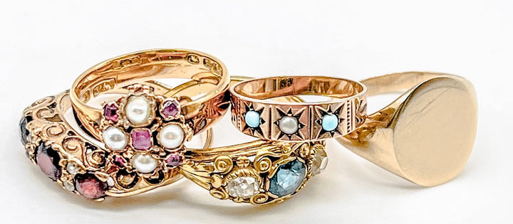 Antique Vintage Rings featuring gold stackable modern rings by hipV jewelry company in Connecticut.
