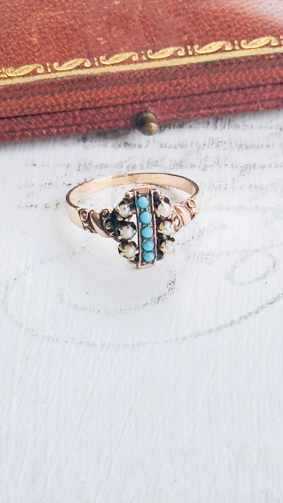 Antique 10k Seed Pearl & Turquoise Ring — Size 7