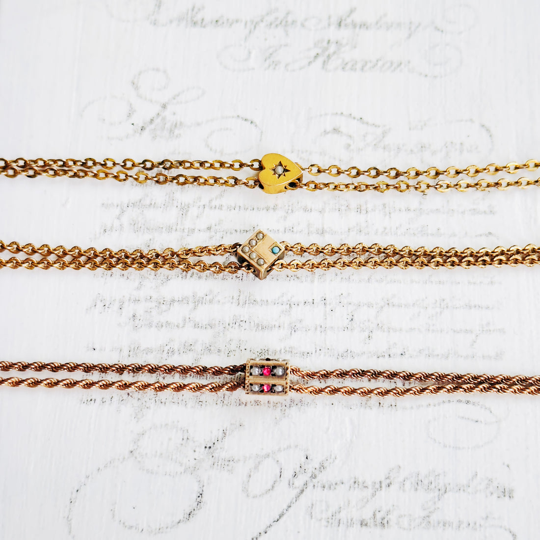 Victorian Lorgnette Double Gold Filled Chain with a Heart Seed Pearl Slide Charm