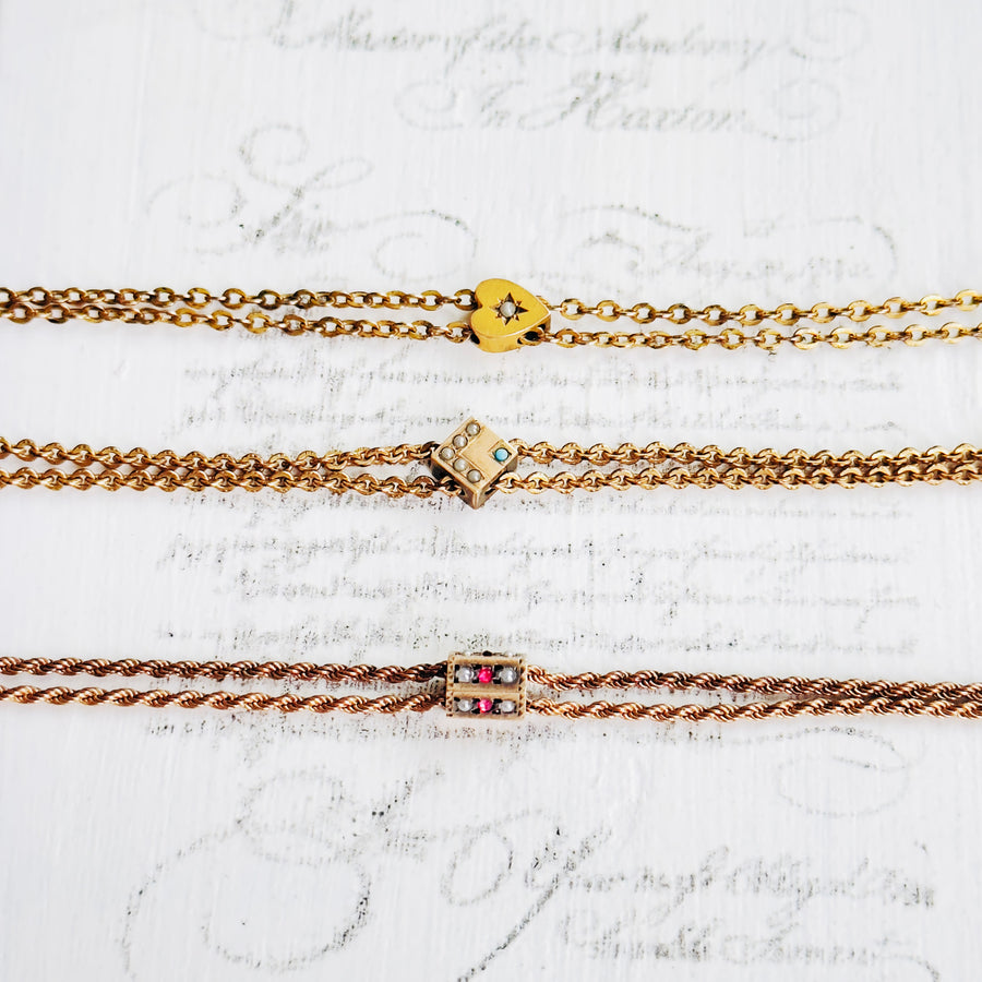 Victorian Lorgnette Double Gold Filled Chain with a Heart Seed Pearl Slide Charm