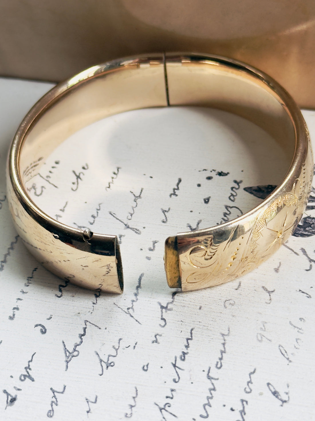 Vintage Gold Filled Hinged Bangle | Hand Engraved Floral | F.M.Co.