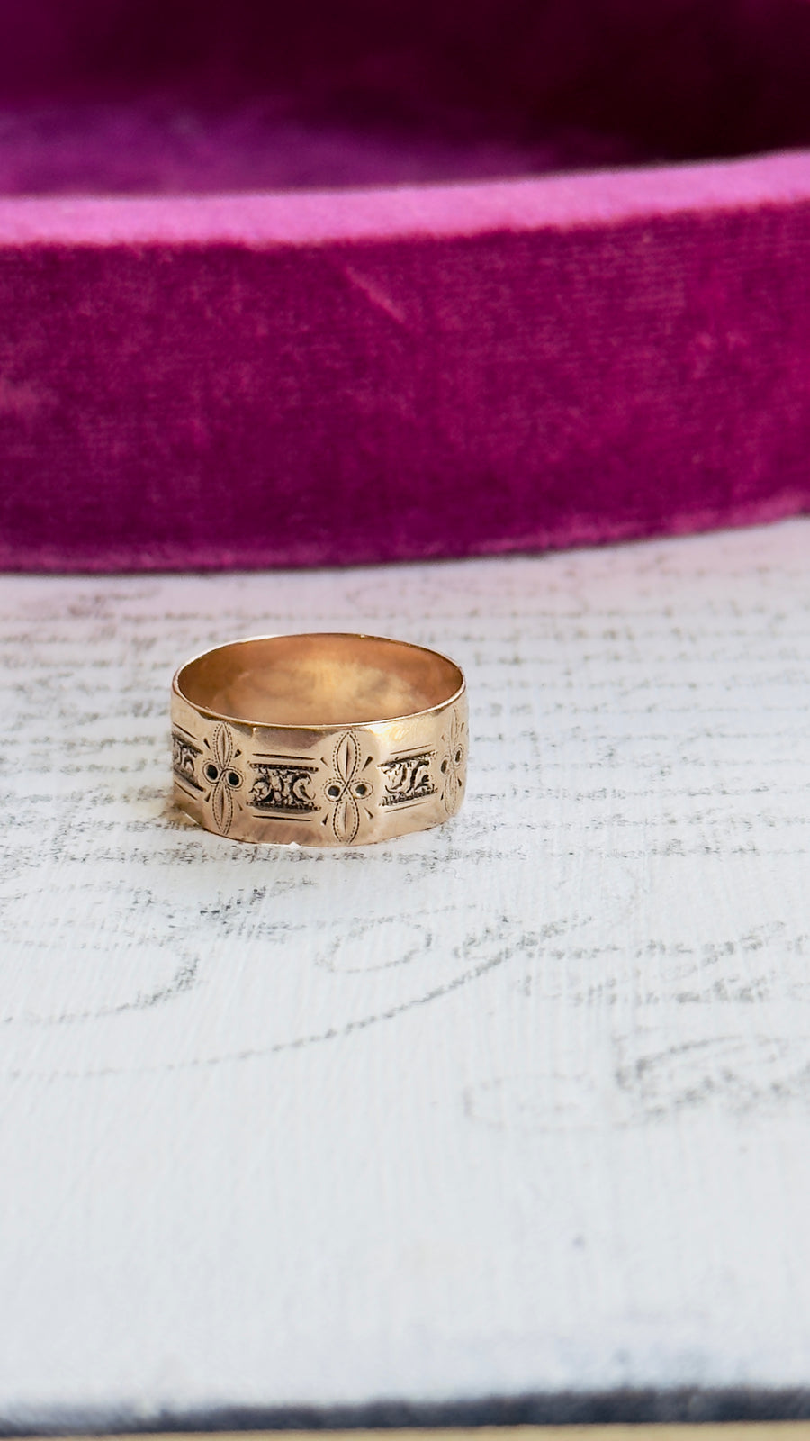 Wide gold antique cigar band ring with floral and foliate panels