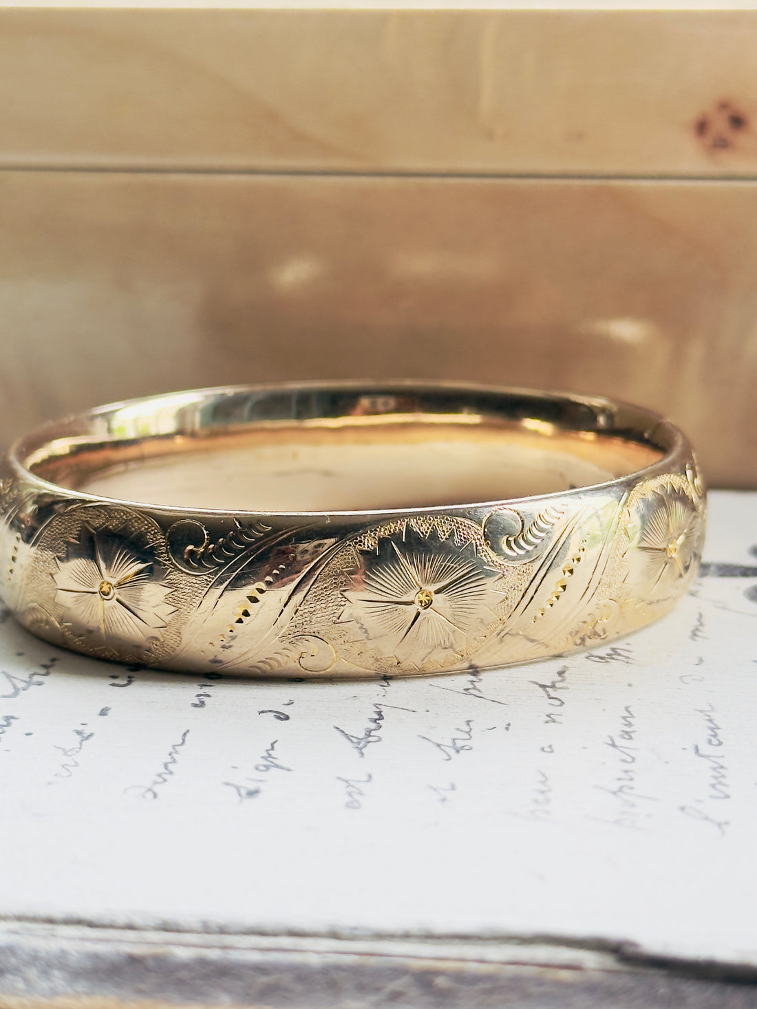 Vintage Gold Filled Hinged Bangle | Hand Engraved Floral | F.M.Co.
