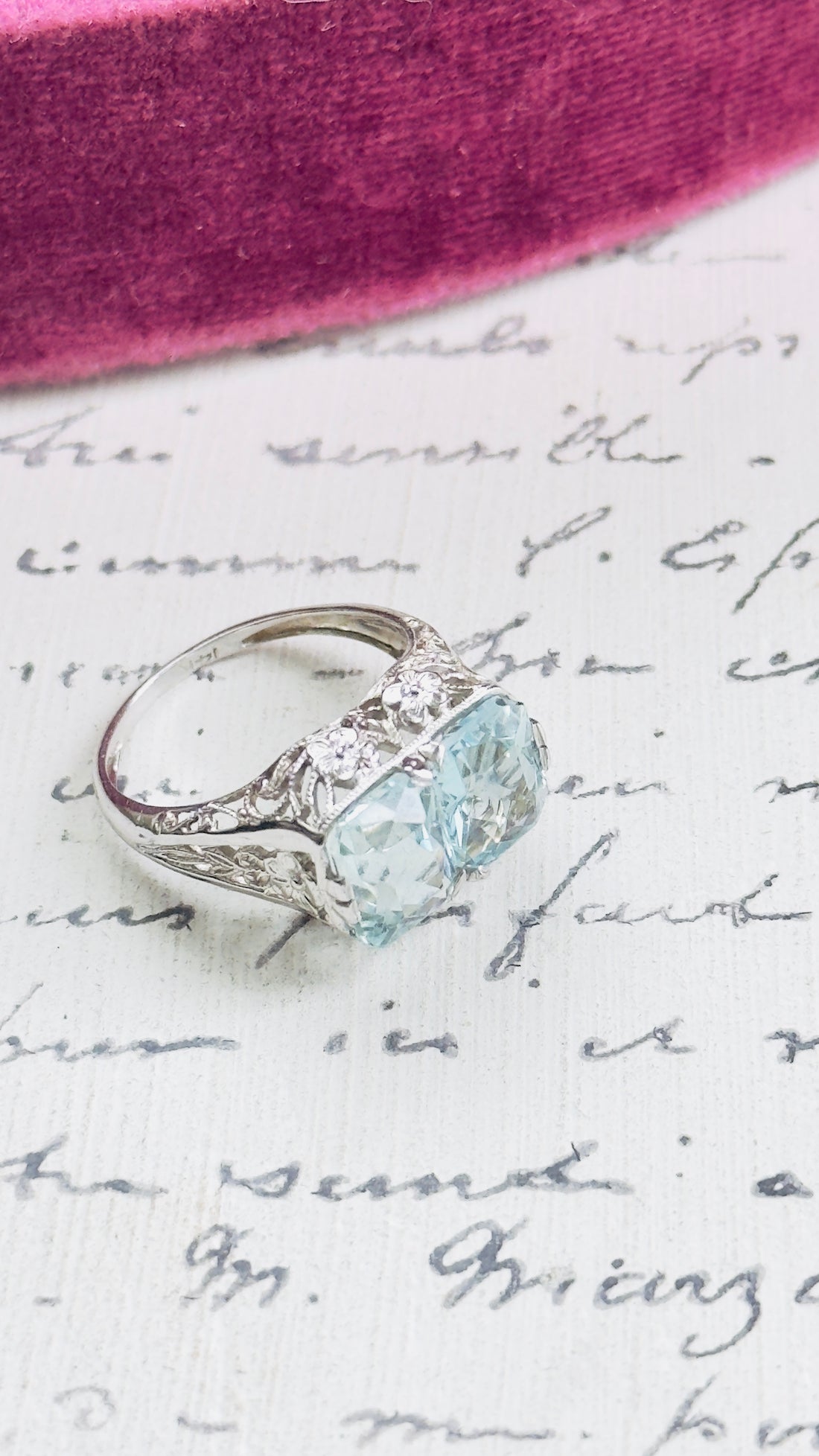 Art Deco Double Aquamarine Ring | 14k White Gold Filigree Setting