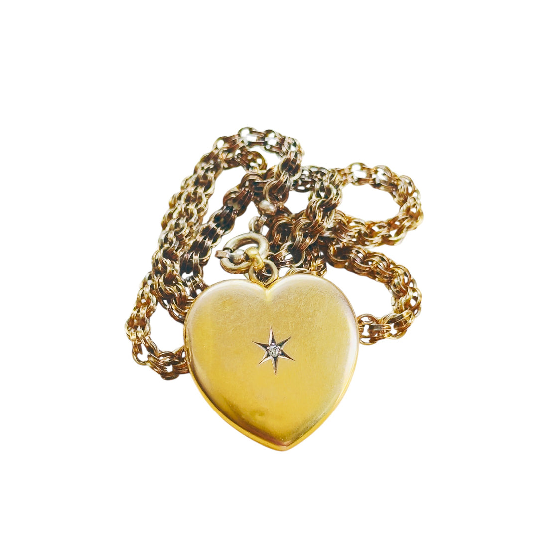 10k gold Victorian heart locket with center diamond, front view, hipV Modern Vintage Jewelry