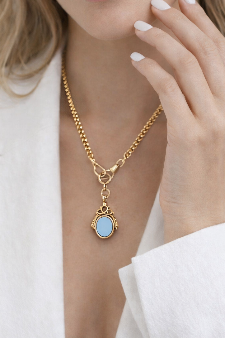 14K Gold Blue Agate Fob Necklace