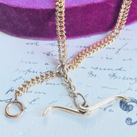 Antique 14k gold curb watch chain with mustache T-bar and Albert dog clip, 20 inches