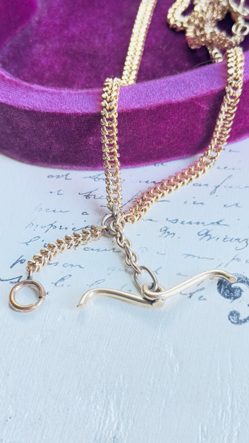 Antique 14k gold curb watch chain with mustache T-bar and Albert dog clip, 20 inches