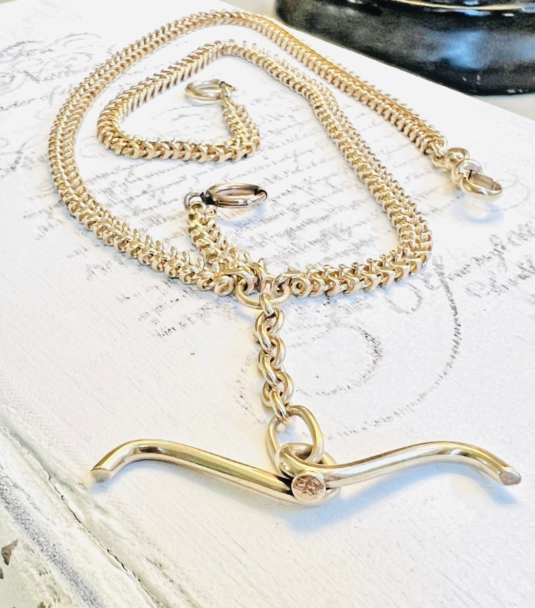 Antique 14k Gold Curb Watch Chain with Mustache T-Bar & Albert Dog Clip | hipV Jewelry