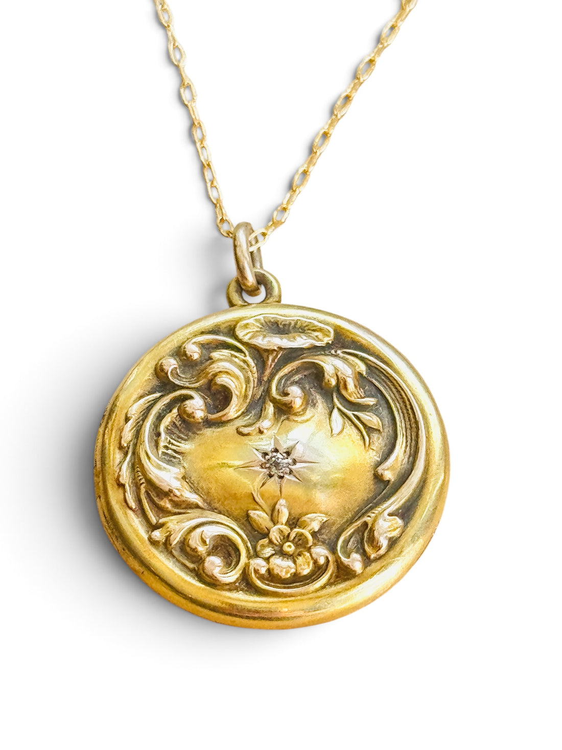 14k Gold Diamond Repousse Locket