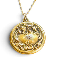 14k Gold Diamond Repousse Locket