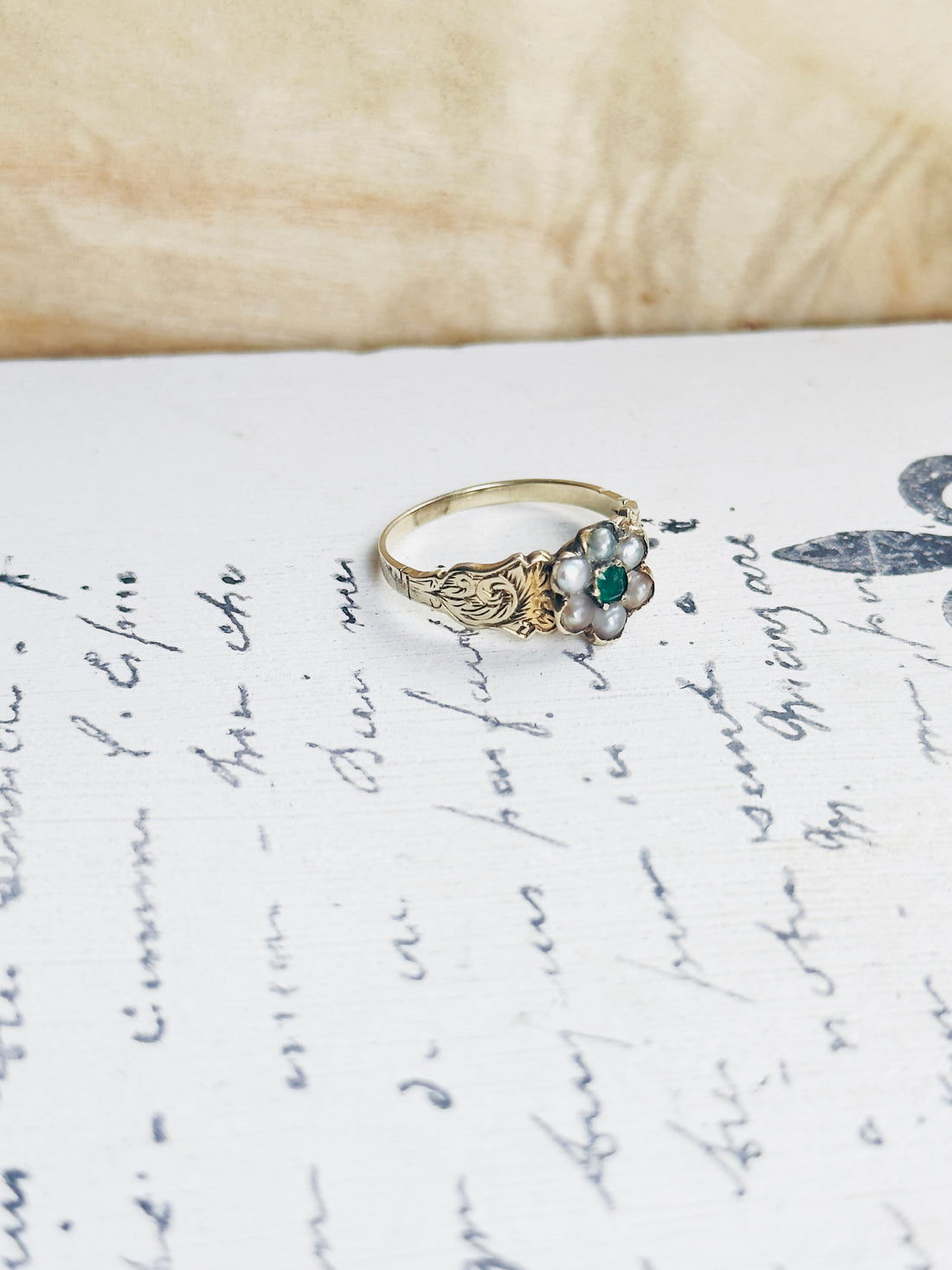 14k gold Victorian ring with seed pearl and emerald flower cluster, heirloom detail hipV Modern Vintage Jewelry
