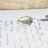 14k gold Victorian ring with seed pearl and emerald flower cluster, heirloom detail hipV Modern Vintage Jewelry