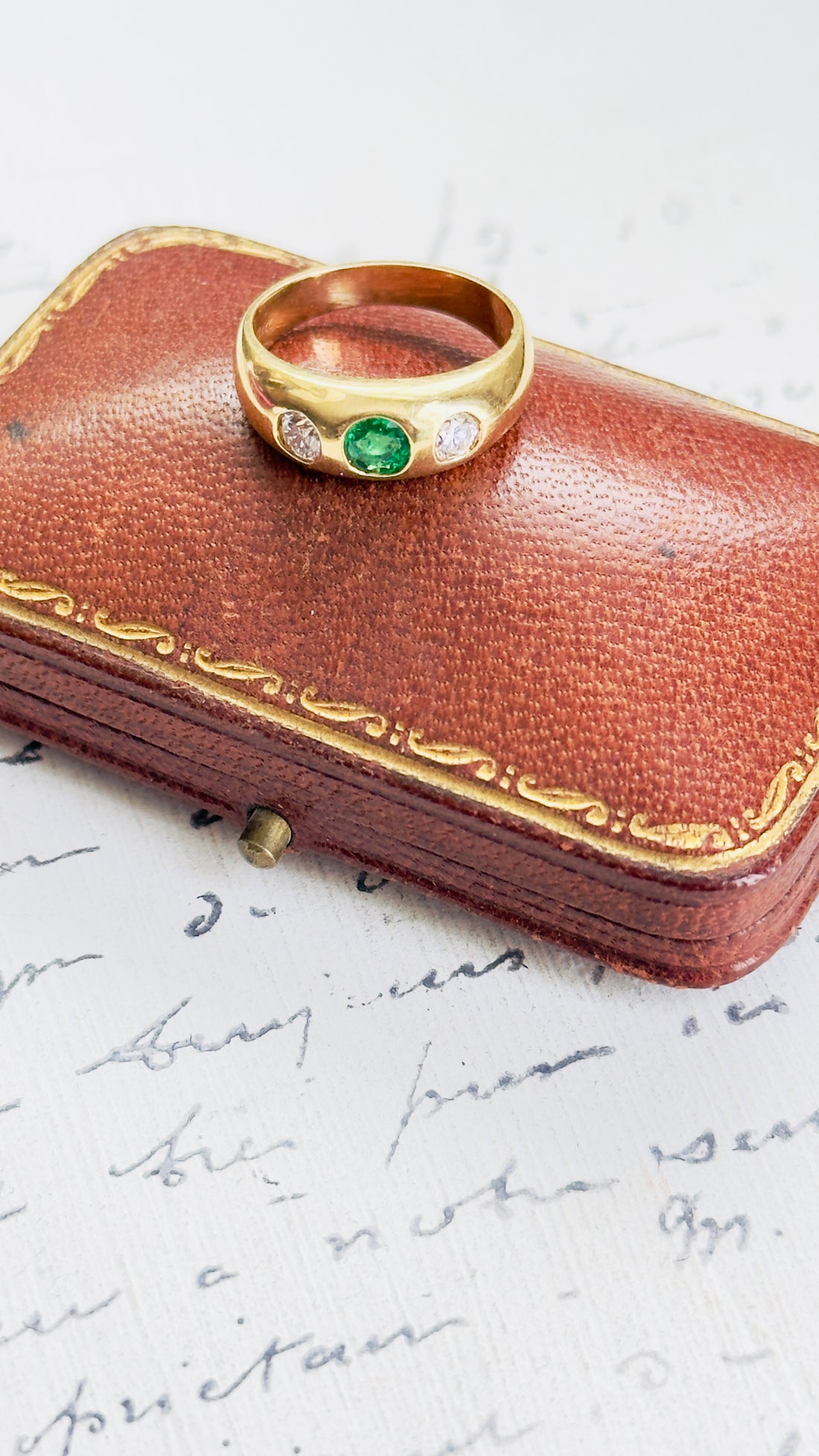 14k gold emerald diamond ring vintage flush set band stacking statement ring