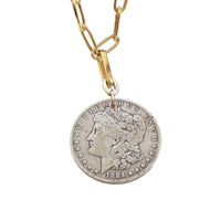 1884 Morgan silver dollar necklace on 18" sterling silver and 18k gold plated paperclip chain