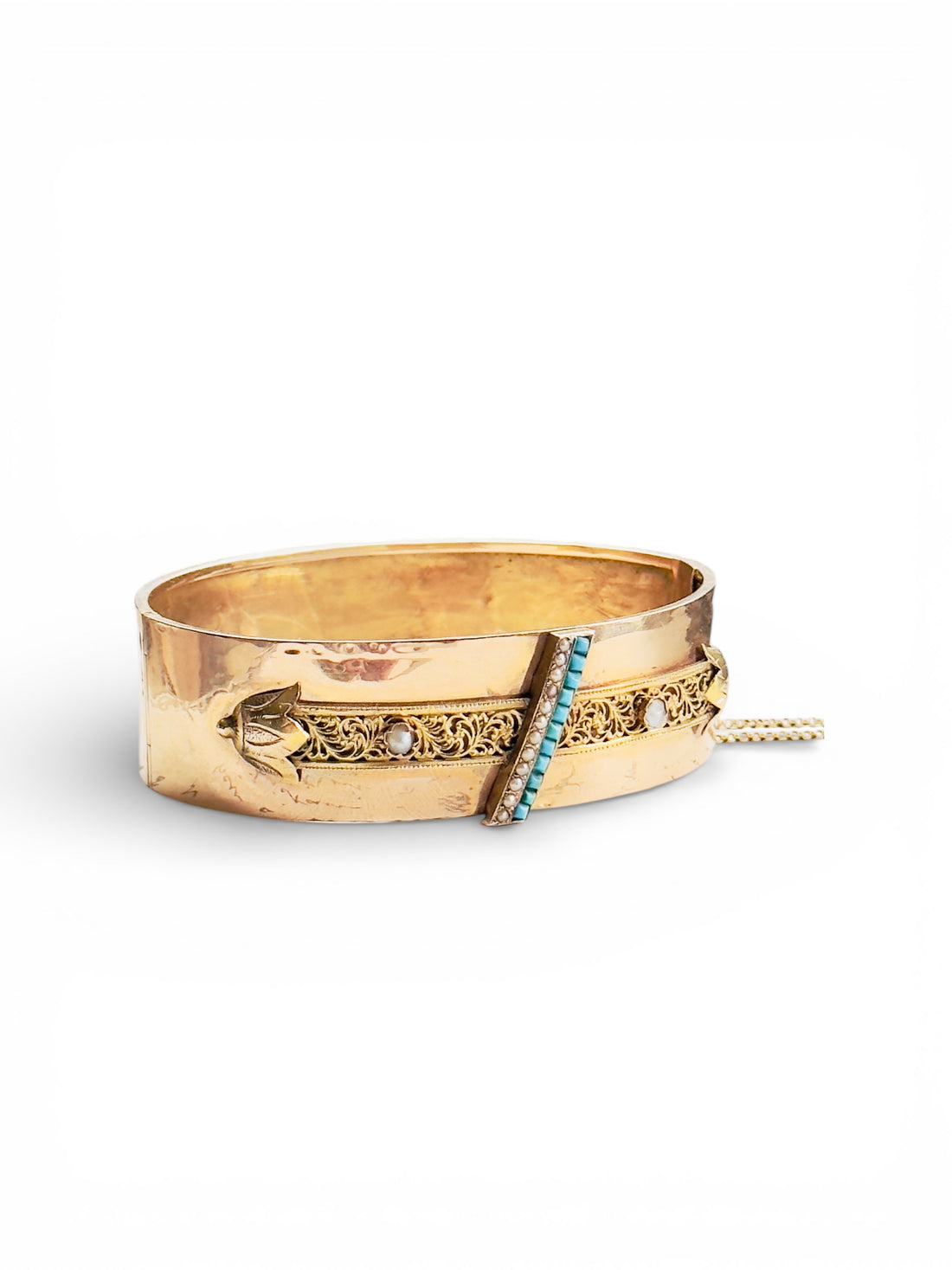 18k gold Victorian bangle bracelet with turquoise and pearl detail