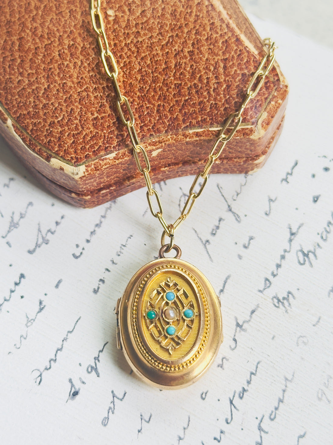 18k gold vintage locket with turquoise gemstone and seed pearl on 14k paperclip chain