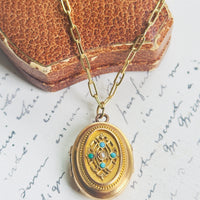 18k gold vintage locket with turquoise gemstone and seed pearl on 14k paperclip chain