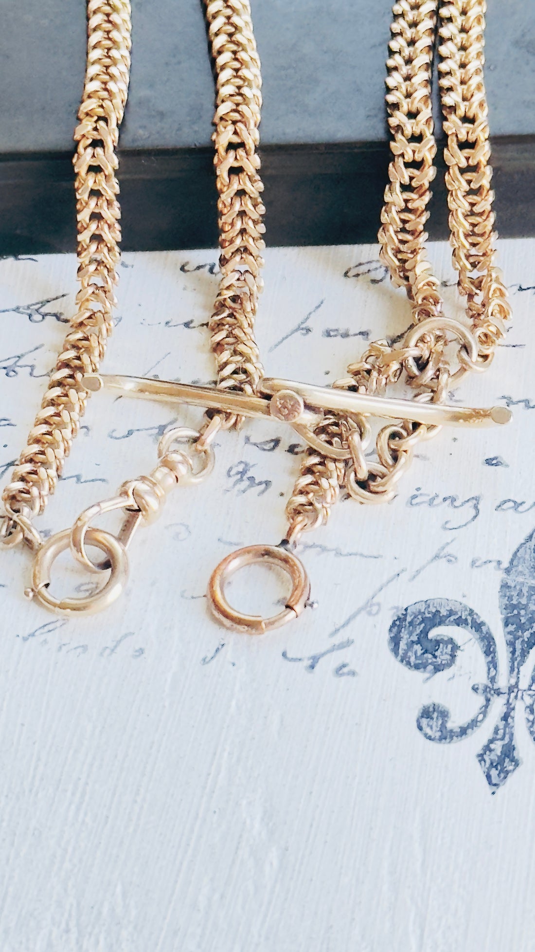 Antique 14k Gold Curb Watch Chain with Mustache T-Bar & Albert Dog Clip | hipV Jewelry