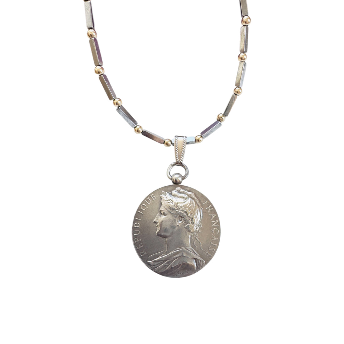 1912 French sterling silver coin necklace with Marianne profile on hematite and 14k bead chain